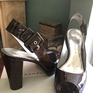 BROWN PATENT HEELS